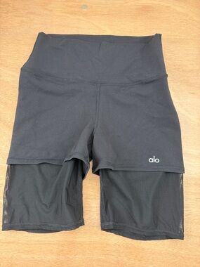 ALO Yoga Black High-Rise Layered Bike Shorts with Mesh Underlayer